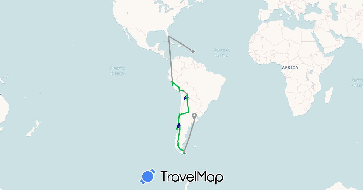 TravelMap itinerary: driving, bus, plane, hiking, boat in Argentina, Bolivia, Chile, Martinique, Peru, United States (North America, South America)